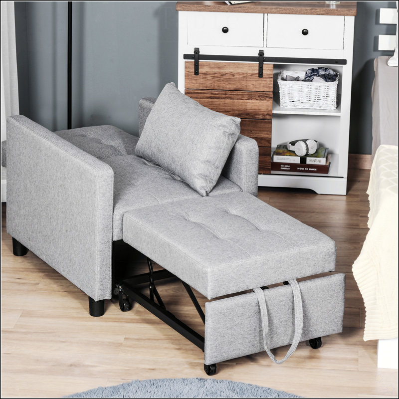 Convertible Sofa Lounger Chair Bed Multi Functional Sleeper Recliner With Tufted Upholstered Fabric Adjustable Angle Backrest And Pillow Grey